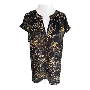 Philosophy Floral Print Top Black Yellow Pink Short Sleeve Blouse Women's XL NWT